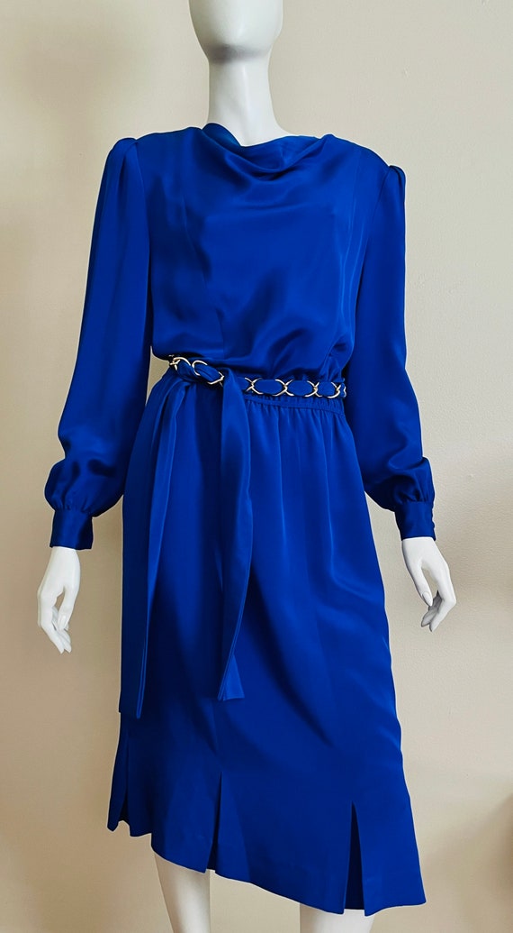 Vintage 1980’s heavy silk electric blue midi dres… - image 3