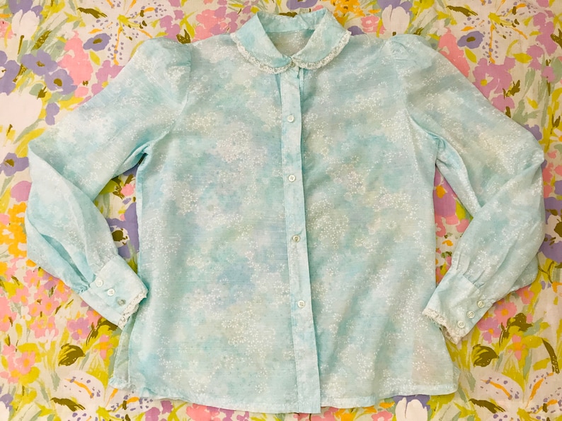 lace trim Peter pan collar and long sleeves Sz L Vintage 70\u2019s 80\u2019s sea foam green floral blouse button front shirt with puff sleeves