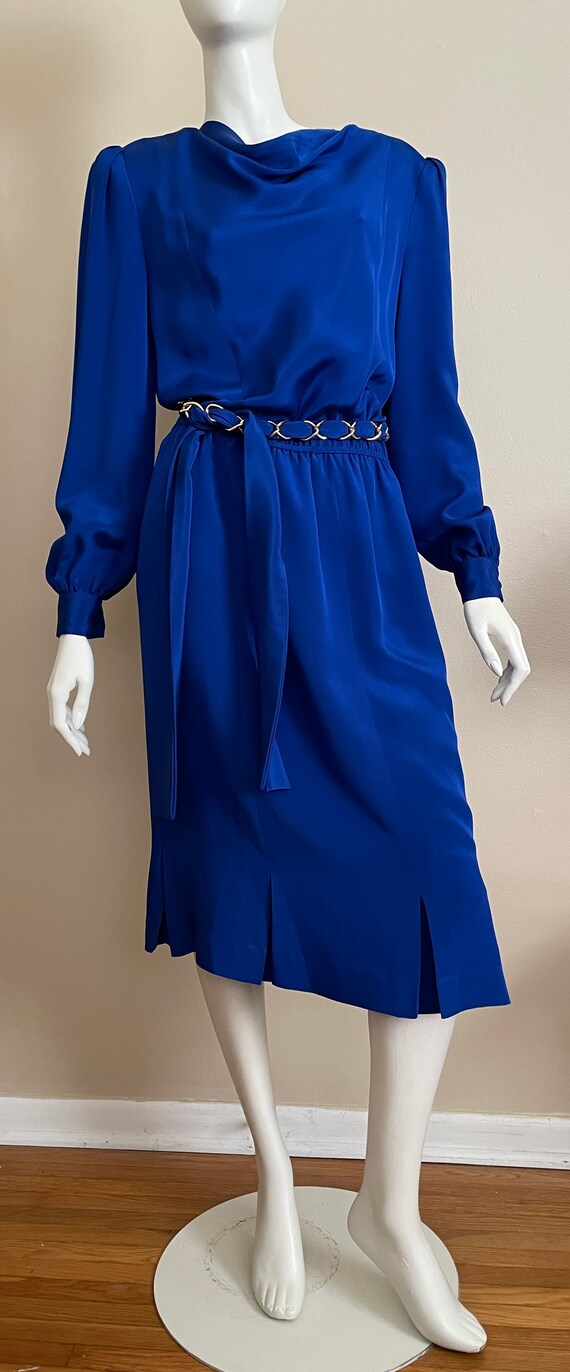 Vintage 1980’s heavy silk electric blue midi dres… - image 2