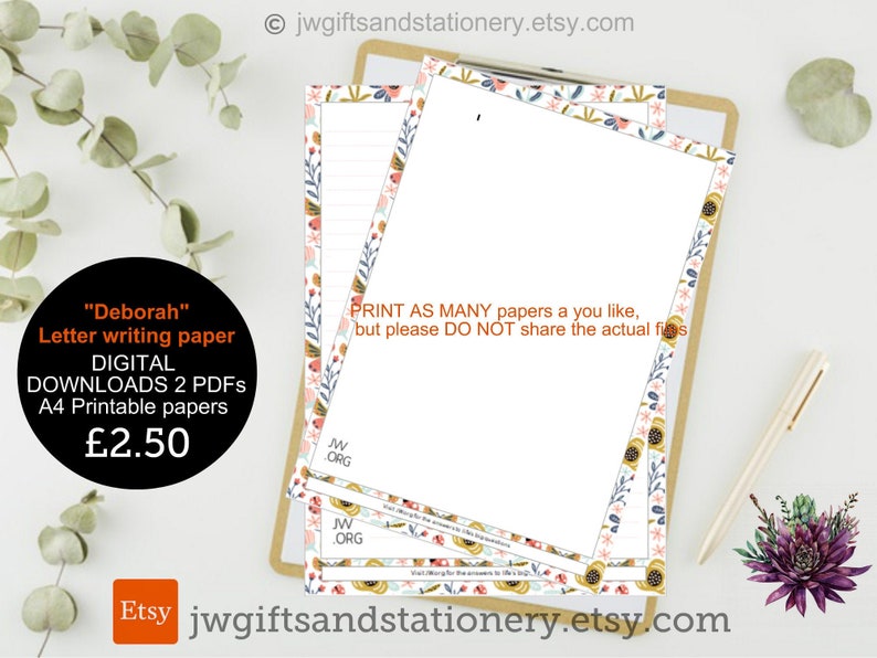JW Letter Writing A4 PDF Printable Paper Instant Download Digital Paper ...