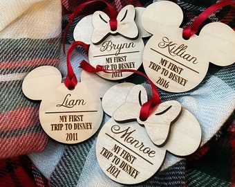 First Trip to Disney Personalized Wooden Ornament - Mickey Mouse - Minnie Mouse - Disney Christmas Ornament