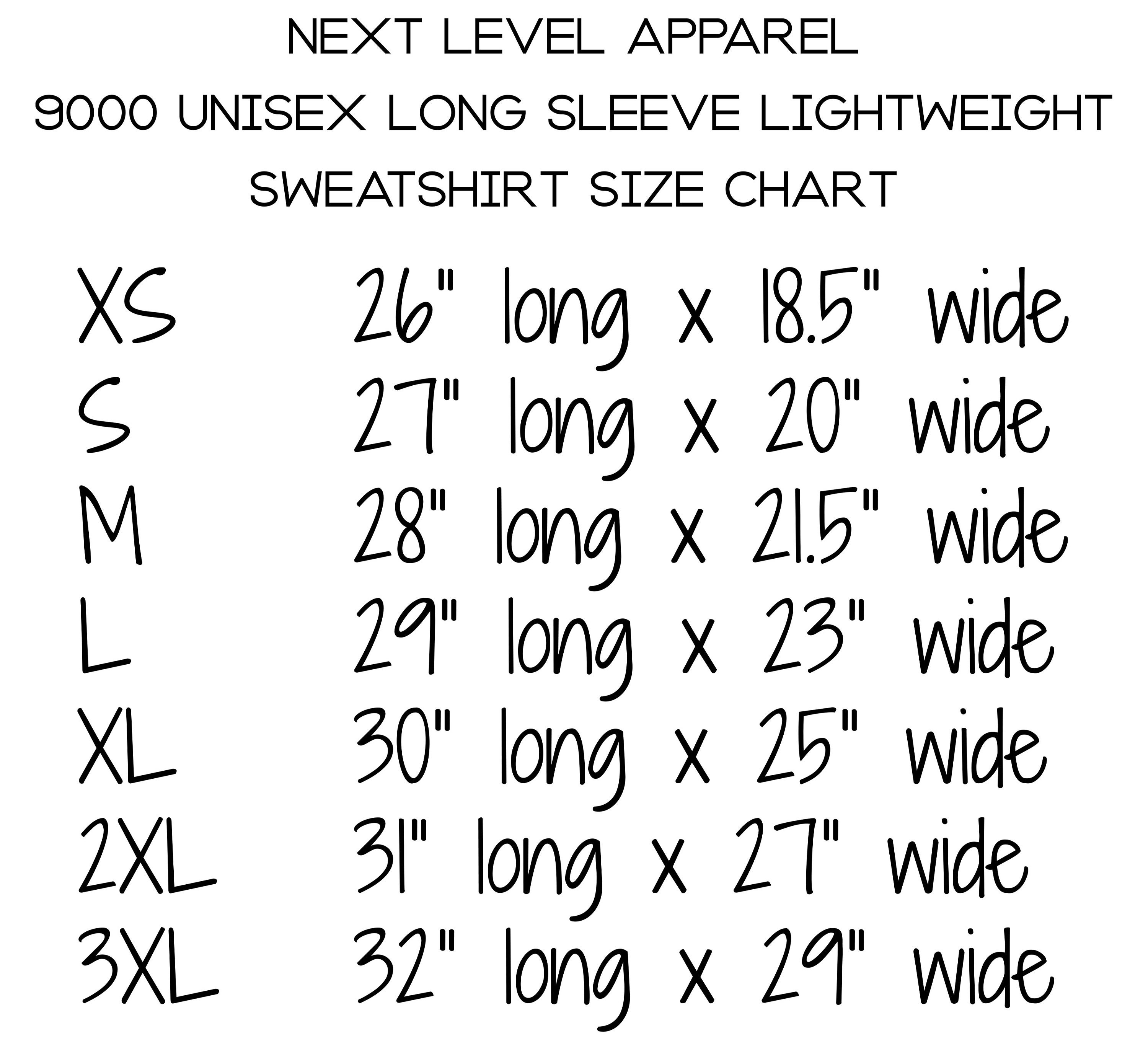 Next Level Apparel Unisex Size Chart