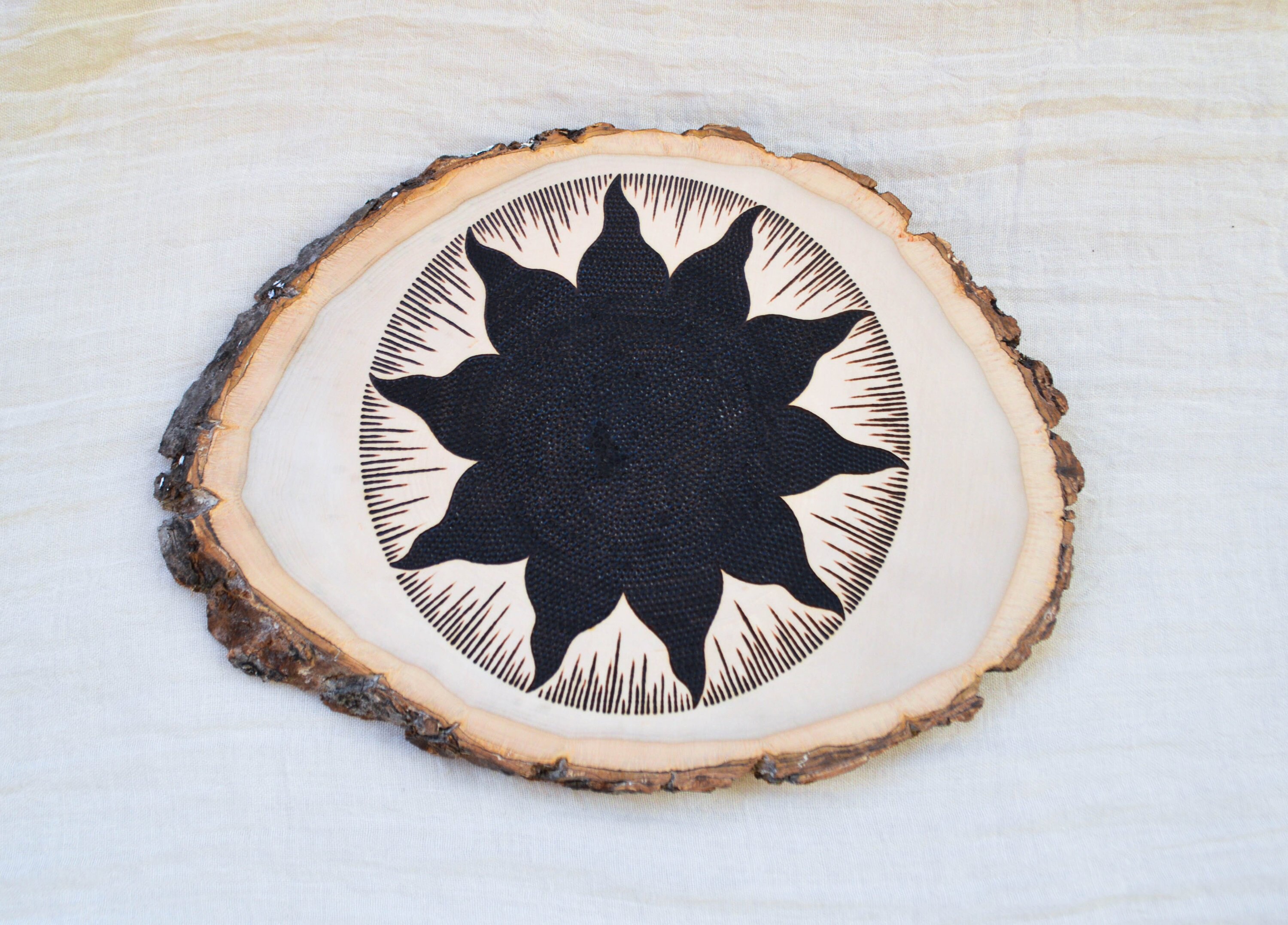 Wood Burned Wall Art Blazing Sun Handmade Decor Live Edge 