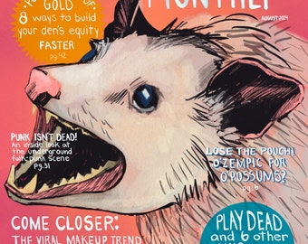 Punk Rock Opossum Magazine Cover Art Print: Tabloid Wall Decor (8”x10”)