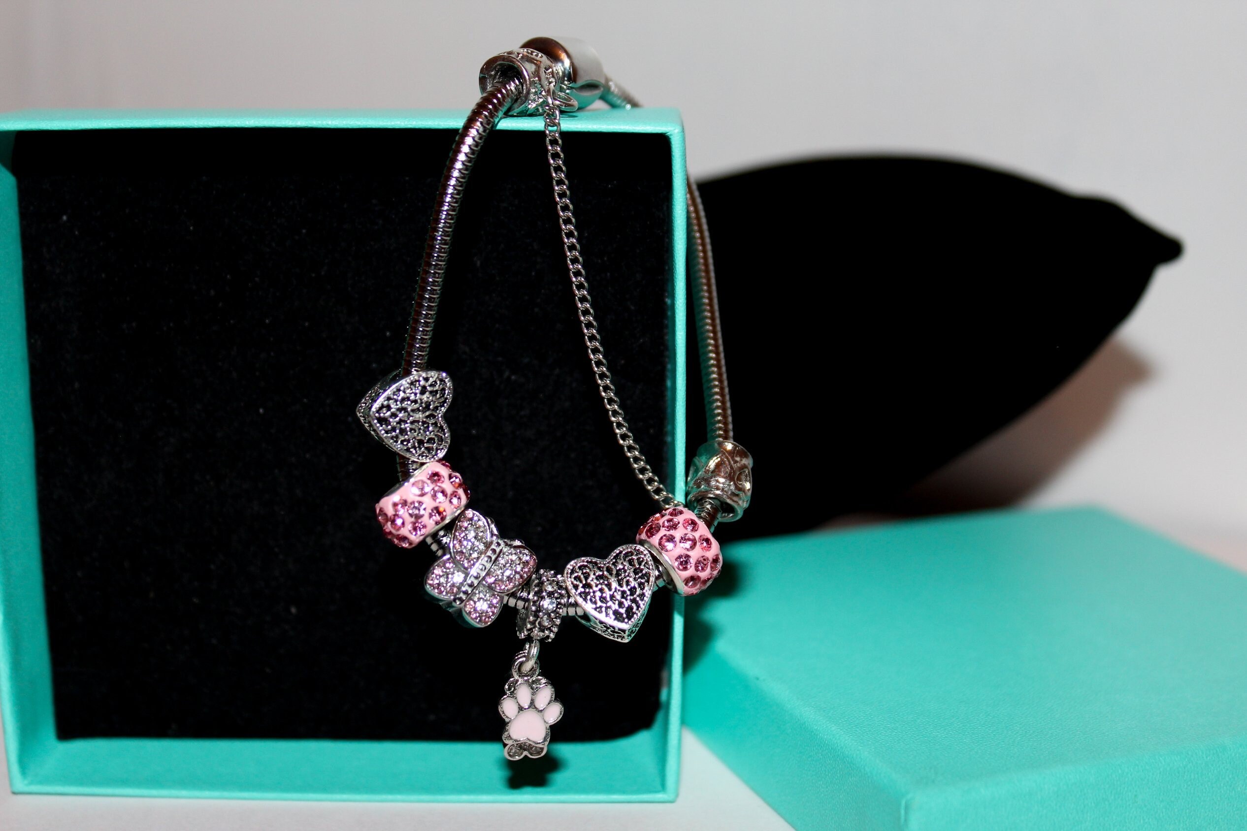 Pandora Style Pink and Silver Charm Bracelet, Complete with Charms, Silver Plated