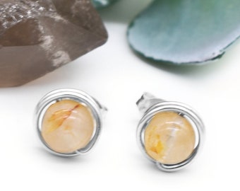 Golden Healer Quartz Studs: Handmade 925 Sterling Silver Earrings