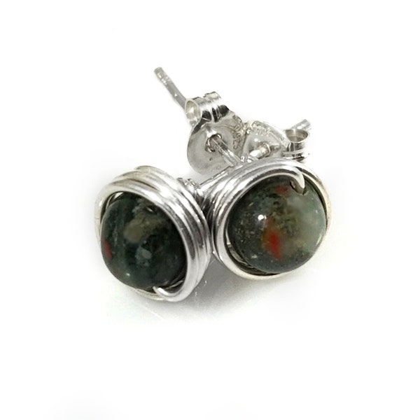 Blood Stone/ .925 Sterling Earring Studs/ Meditation Gifts/ Custom Made/ Hypoallergenic Earrings Studs/ Reiki Infused for You