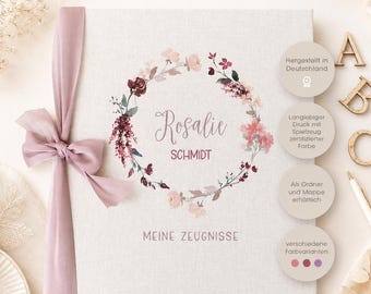 Rosalie report card folder or binder, girl's, report cards, folder, school, timetable, personalized, linen, beige