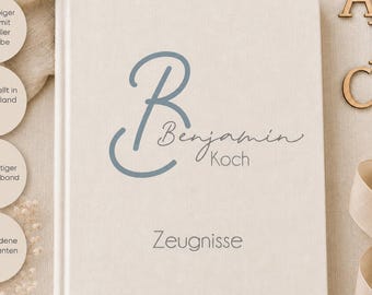 Personalized certificate folder with linen cover – gift for starting school, for storing certificates, diplomas and documents