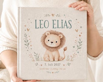 Personalized photo album Baby Lion with name and birth details – gift for birth and christening