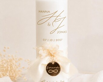 High-quality wedding candle "HJ" with cream ribbon and gold acrylic pendant