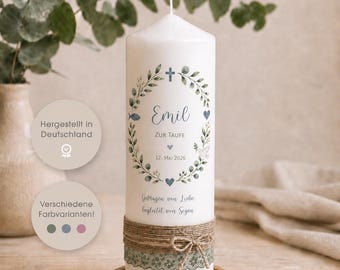 Personalized christening candle for boys and girls "Fish" | modern christening candle with leaf wreath in various colors, including gift box