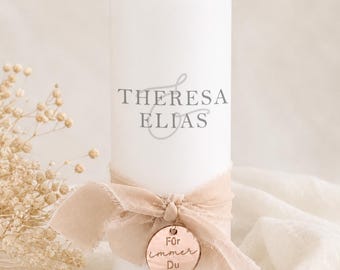 High-quality wedding candle "Theresa&Elias" with nude ribbon and rose gold acrylic pendant