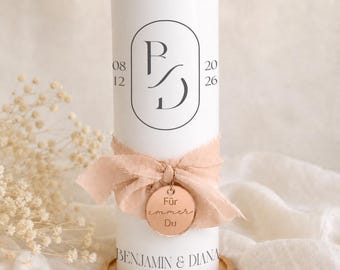 High-quality wedding candle "B&D" with nude ribbon and rose gold acrylic pendant
