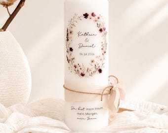 Wedding candle "Katharina & Daniel", personalized with names, date and saying. Decorated with ribbon, floral wreath, Bordeaux beige.