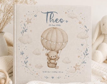 Personalized baby photo album with hot air balloon and bear "Theo" – linen in beige – optionally with inside pages as a baby diary