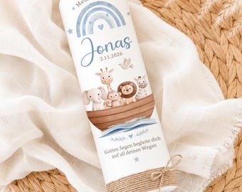 Personalized christening candle “Jonah” with Noah’s Ark motif – modern candle for christening including gift box