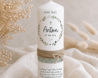 Personalized christening candle for boys "Anton" | modern christening candle with lace, wreath of leaves, cross & dove including gift box