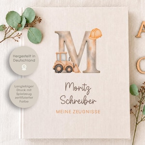 Zeugnisordner Baustelle, Zeugnisse, Ordner, Schule, Einschulung, personalisiert, Dinos, Dinosaurier, Leinen, Beige