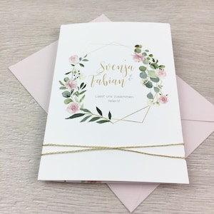 MUSTER - Hochzeitseinladung, Einladung Hochzeit, A6 Format, 6 Seiten, Ablauf, Eukalyptus, Rosa - Serie 39b