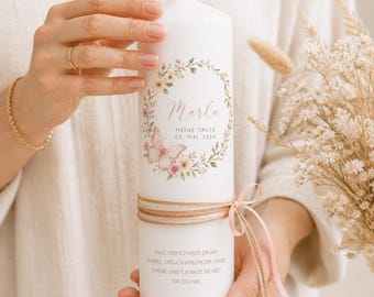 Personalized christening candle for girls with flower wreath, motif of goose, bear or butterfly, candle for christening or blessing including gift box