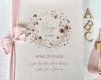 Carpeta de certificados "Maya", niñas, certificados, certificado escolar, carpeta, escuela, personalizada, lino, beige