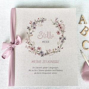 Zeugnismappe Stella, Mädchen, Zeugnisse, Ordner, Zeugnisordner, Schule, Schulmappe, Geschenk Einschulung, personalisiert, Leinen, Beige