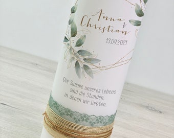 Hochzeitskerze, Traukerze, Kerze, Hochzeit, Spitze, Banderole, Bronze, Kupfer, Blätterkranz, Greenery