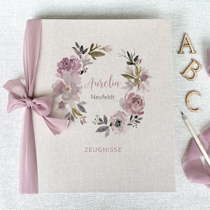 Zeugnismappe Aurelia, Mädchen, Zeugnisse, Zeugnisordner, Ordner, Schule, personalisiert, Geschenk Einschulung, Stundenplan, Leinen, Beige