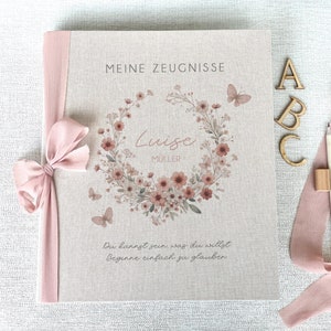 Zeugnismappe Luise, Mädchen, Zeugnisse, Schulzeugnis, Ordner, Schule, Einschulung, personalisiert, Leinen, Beige