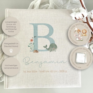 Personalized baby photo album with letter & animal motif – linen in beige – optionally with inside pages to fill in as a baby diary