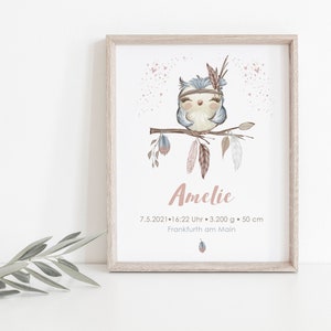 Babyposter, Geschenk, Geburtsposter, Geburtsanzeige, Kinderzimmerbild, Personalisiert, Boho, Eule, Mädchen, Baby