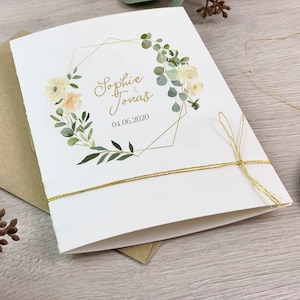 Hochzeitseinladung, Einladung, Hochzeitskarte, Boho, Eukalyptus, Klappkarte, Gold, Blumen, ab 25 Stück - Serie 39g