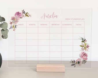 Timetable with desired name Aurelia, personalized, student plan, wipeable, acrylic A4, flowers