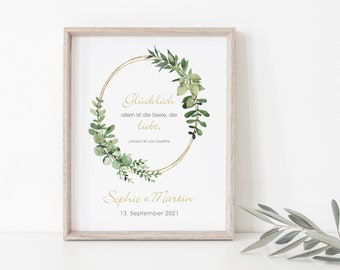 Wedding poster, couple poster, personalized, gift, newlyweds, eucalyptus, leaf wreath, greenery