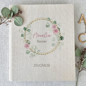Zeugnismappe Amelie, Mädchen, Zeugnisse, Ordner, Schule, personalisiert, Leinen, Beige