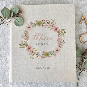 Zeugnismappe Malea, Mädchen, Zeugnisse, Ordner, Schule, personalisiert, Leinen, Beige
