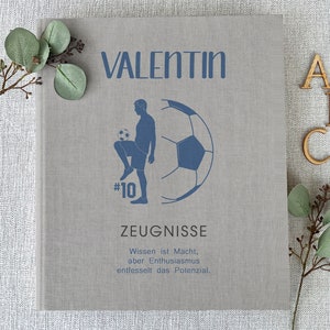 Zeugnismappe, Junge, Zeugnisse, Urkunden, Ordner, Schule, personalisiert, Fussball, Leinen, Grau