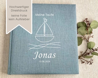 Photo album, personalized, baby, child, memory album, baptism, communion, confirmation, gift, blue-gray, linen