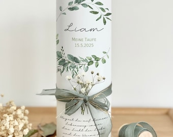 Taufkerze mit Trockenblumen Liam, Blätterkranz, modern, hochwertig, Kerze, Taufe, personalisiert