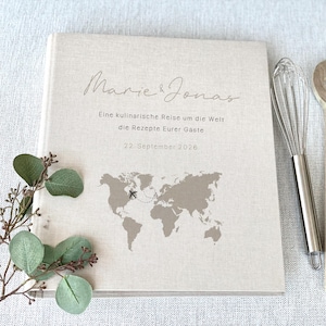 Rezeptbuch personalisiert "Weltkarte", Rezepte, Ordner, Geschenk, Geburtstag, kulinarische Weltreise, Leinen, Beige