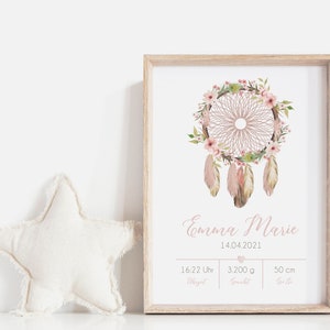 Babyposter, Geschenk, Geburtsposter, Geburtsanzeige, Kinderzimmerbild, Personalisiert, Boho, Traumfänger, Mädchen, Baby