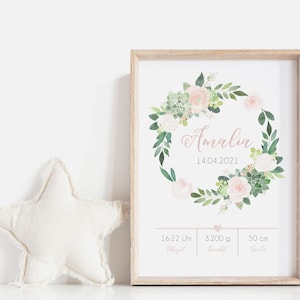 Babyposter, Geschenk, Geburtsposter, Geburtsanzeige, Kinderzimmerbild, Personalisiert, Boho, Blumenkranz, Sukkulenten, Mädchen, Baby