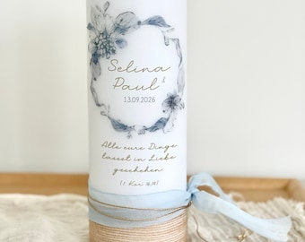 Personalized wedding candle "Selina & Paul", wedding candle, high quality with direct print, bow, ribbon, elegant, blue