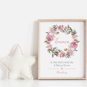 Babyposter, Geschenk, Geburtsposter, Geburtsanzeige, Kinderzimmerbild, Personalisiert, Boho, Blumenkranz, Mädchen, Baby