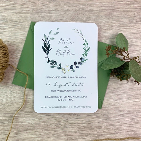 MUSTER - Einladung Hochzeit, Hochzeitseinladung, Boho, Eukalyptus, Grün, Greenery, Elegant - Serie 59