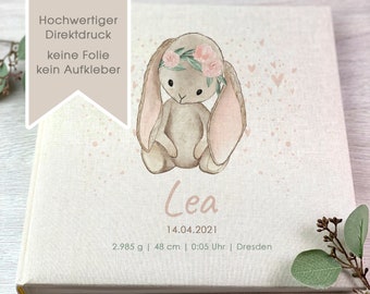 Fotoalbum, Personalisiert, Baby, Kind, Erinnerungsalbum, Mädchen, Hase, Lea, Geschenk, Beige