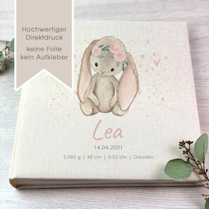 Photo album, personalized, baby, child, memory album, girl, rabbit, Lea, gift, beige