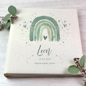 Photo album, personalized, baby, child, rainbow 2, green, gift, birth, baptism, beige image 2