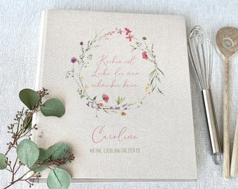 Recipe book "Caroline" personalized, recipes, folder, gift, birthday, favorite recipes, linen, beige